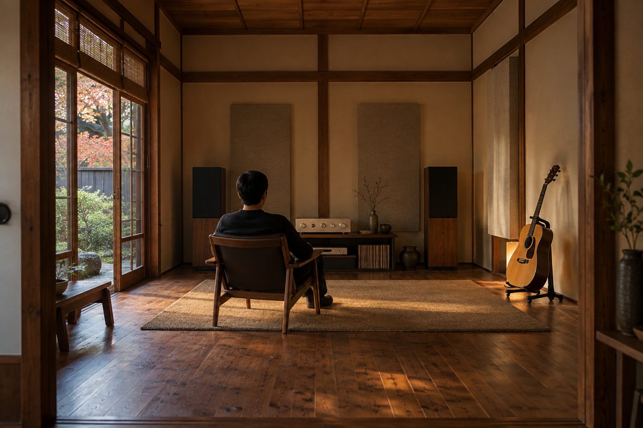 木の壁の試聴室でアンプの響きに耳を澄ます後ろ姿