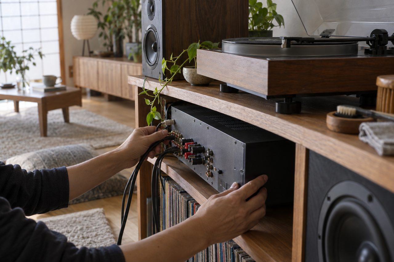 リビングで音響機器の外観と配線を確認する人の手元