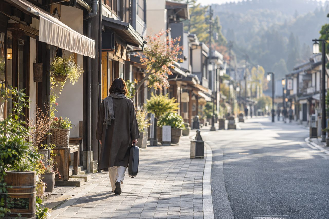 商店街を管楽器ケースを持って歩く人の後ろ姿