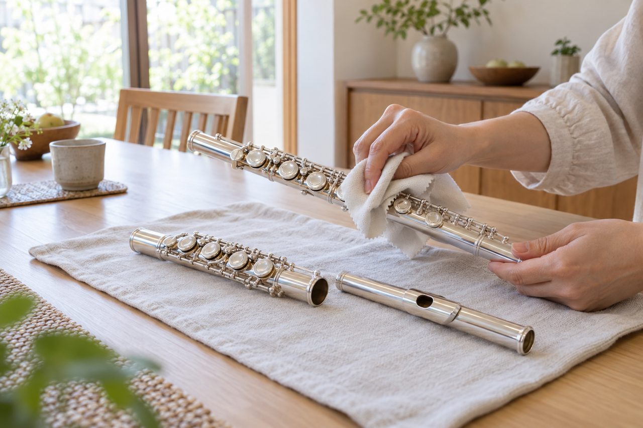 分解したフルートを柔らかな布で手入れする人の手元