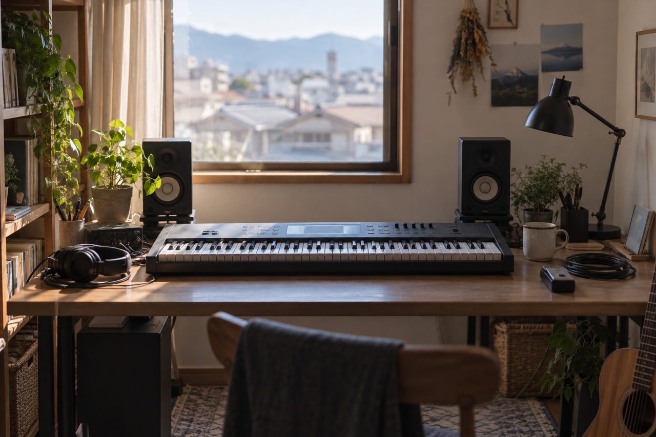 制作部屋で鍵盤機器と付属品を整理する人のぼけた横顔