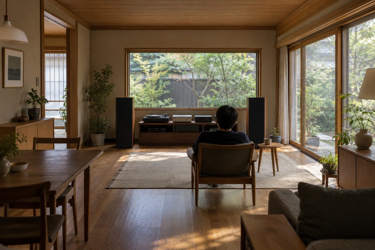 音響機器の響きを静かな居間で聴く人の後ろ姿
