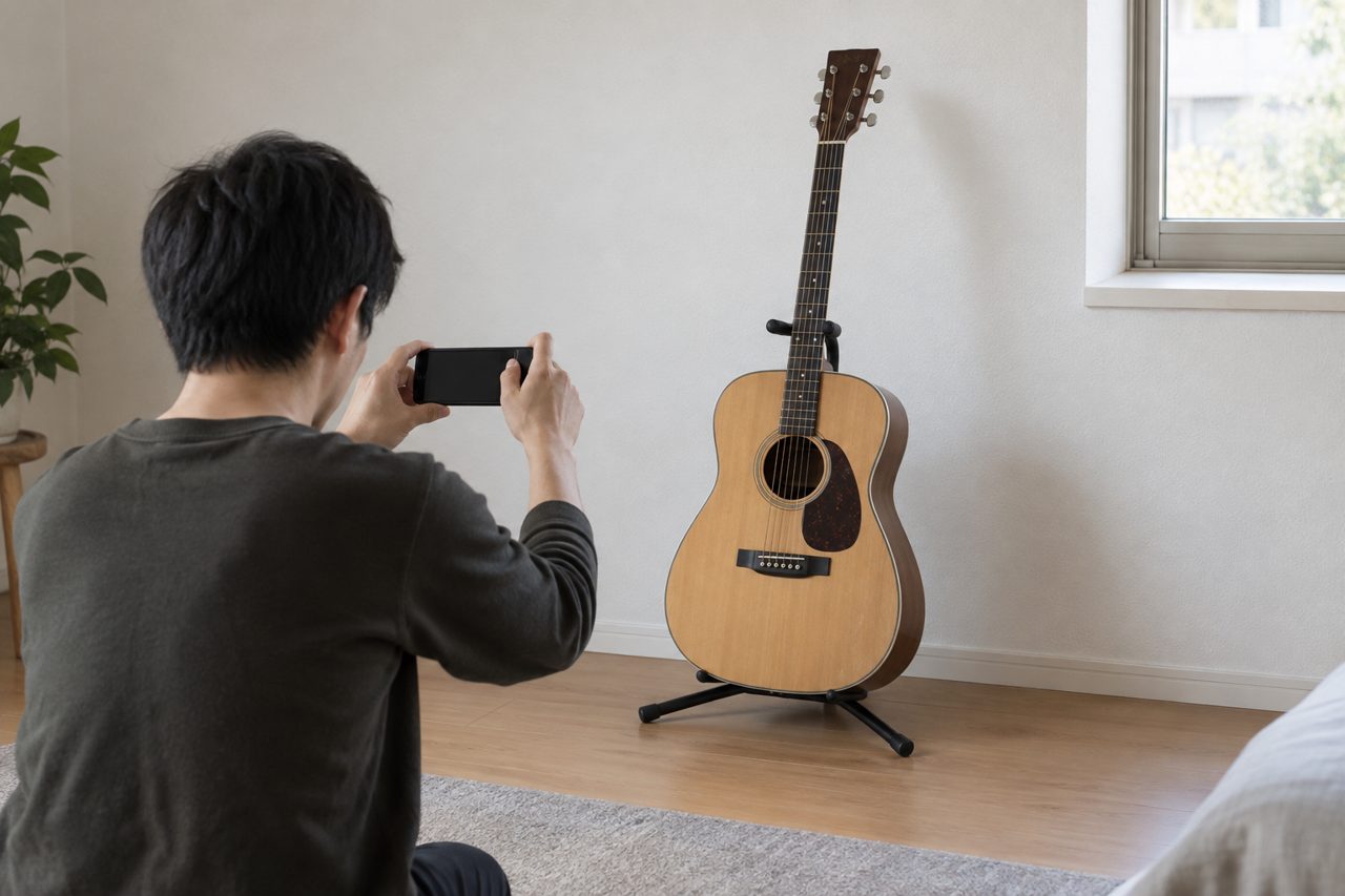 窓辺で楽器の全体写真を撮影する人の後ろ姿