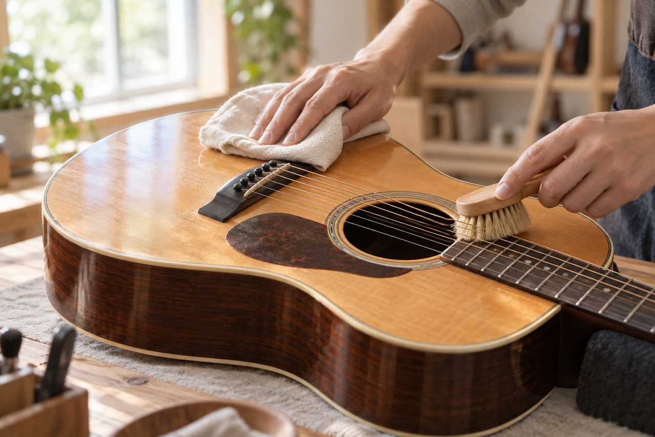 柔らかな布と刷毛で楽器の表面を清掃する人の手元