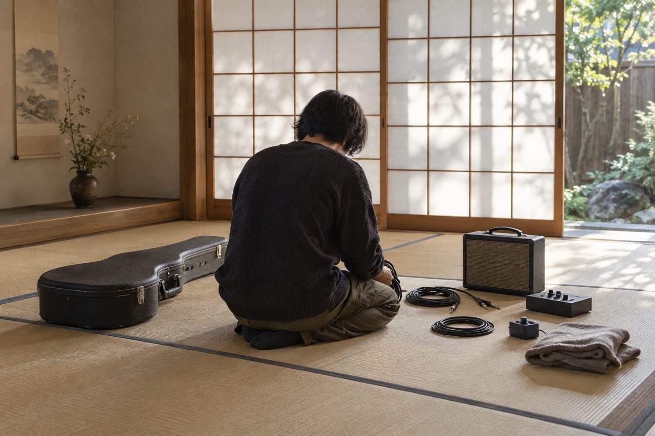 日本の和室で複数の楽器と付属品を仕分ける後ろ姿