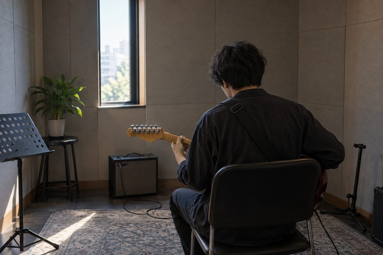 小さな防音室で弦楽器の音を確かめる演奏者の背中