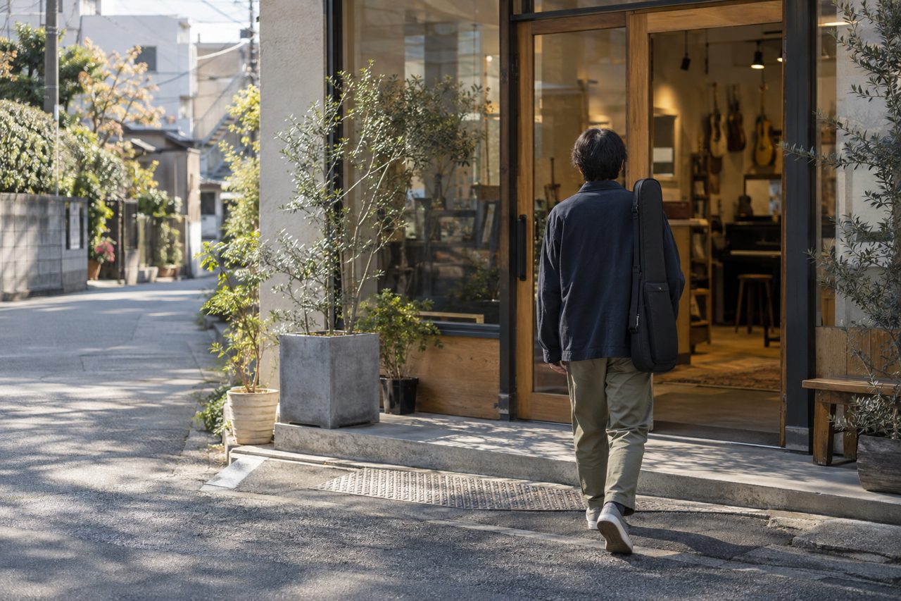 楽器ケースを持って静かな店舗入口へ向かう人の後ろ姿