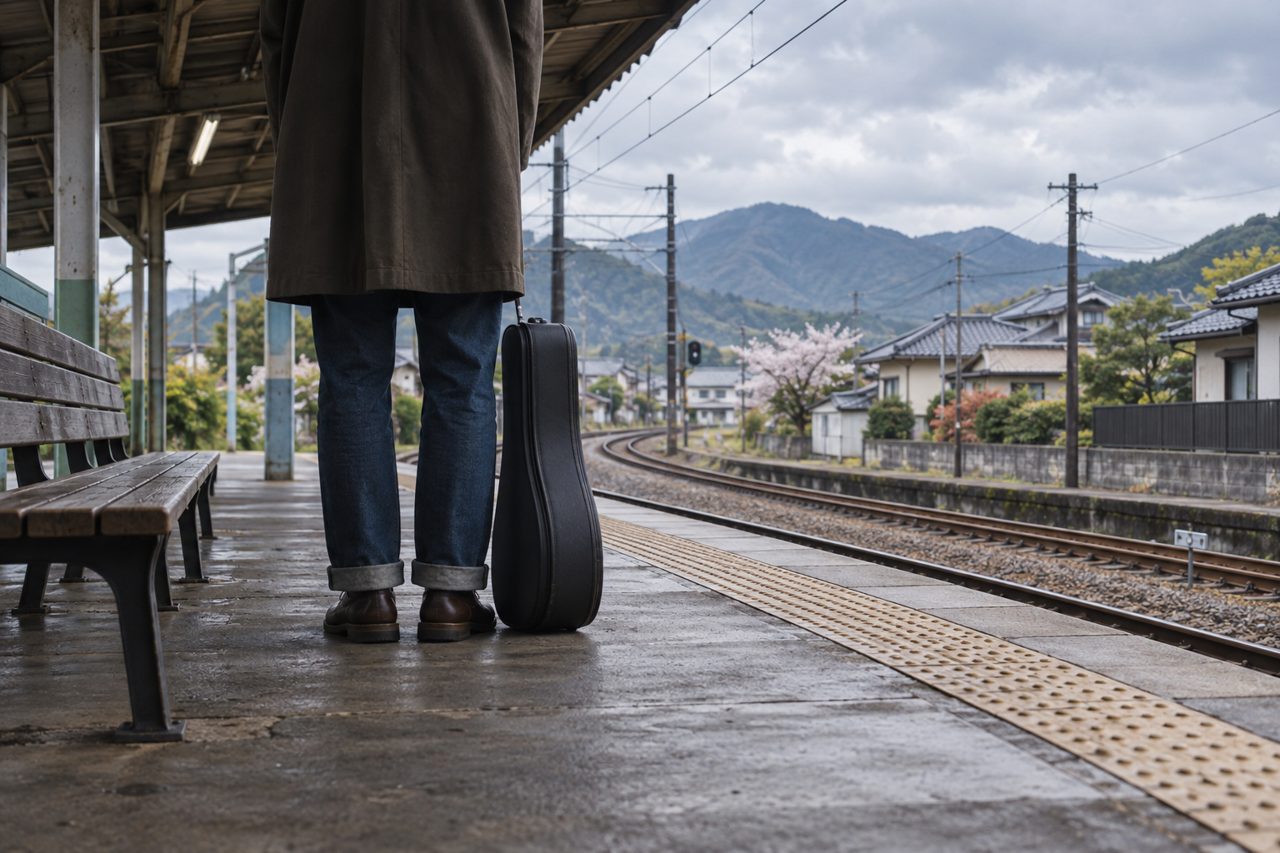 駅のホームで小型楽器ケースを足元に置く人の後ろ姿
