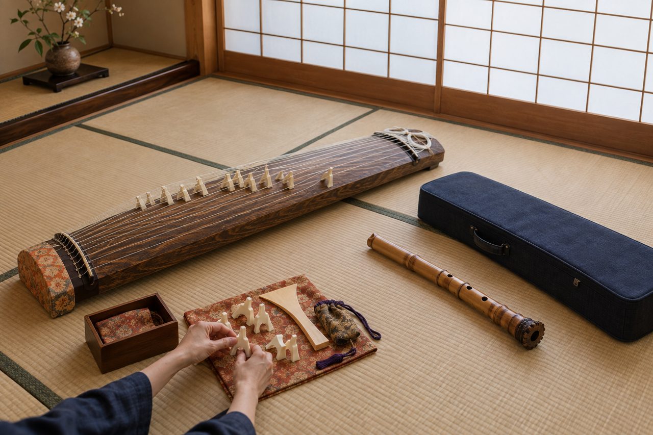 畳の部屋で和楽器と付属品をそろえる人の手元
