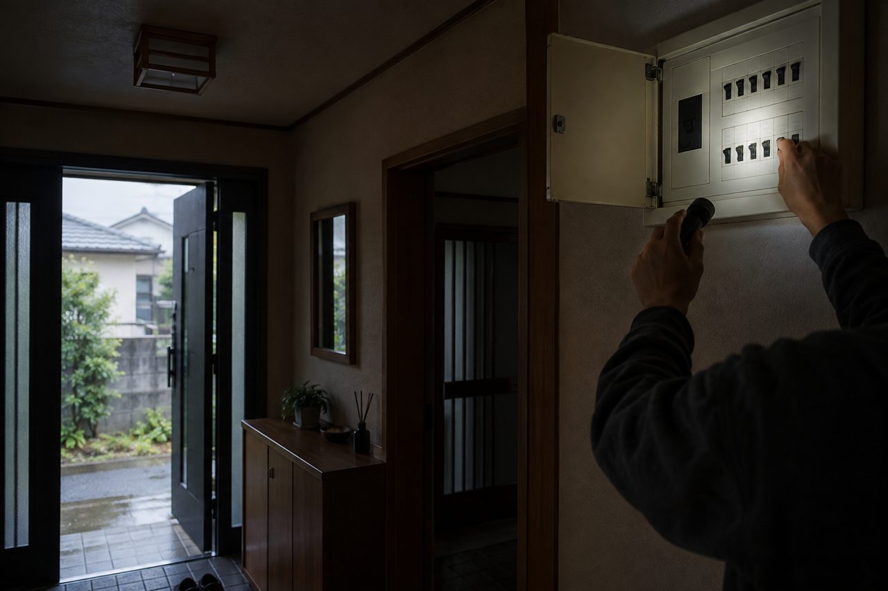 停電した玄関で分電盤を懐中電灯で確認する人