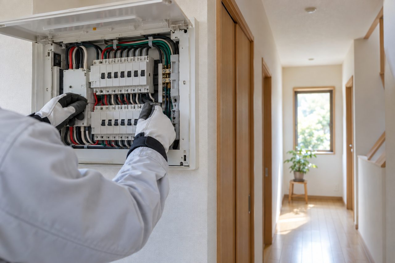 日中の住宅で分電盤を点検する作業員の後ろ姿