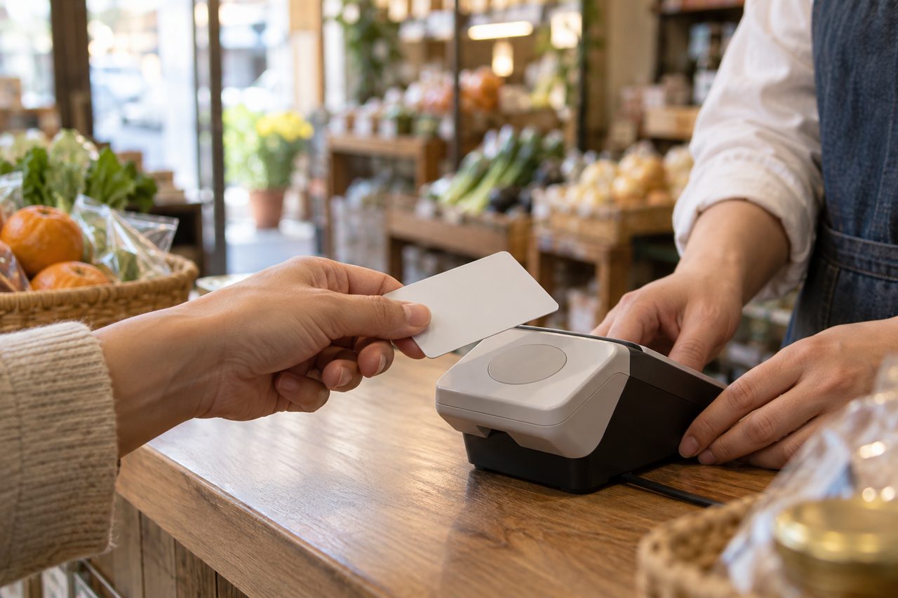 地域の小さな店でカード決済する買い物客の手元