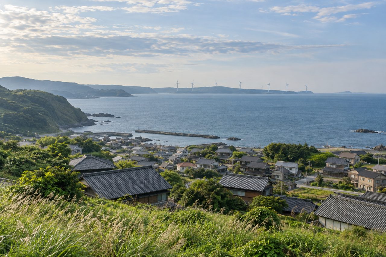 海沿いの風力発電設備と静かな日本の集落