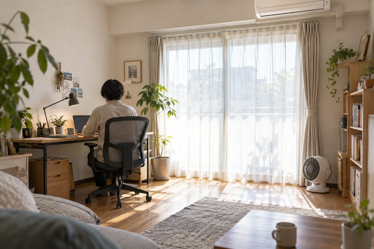 昼の在宅ワーク部屋で冷暖房を使う暮らし