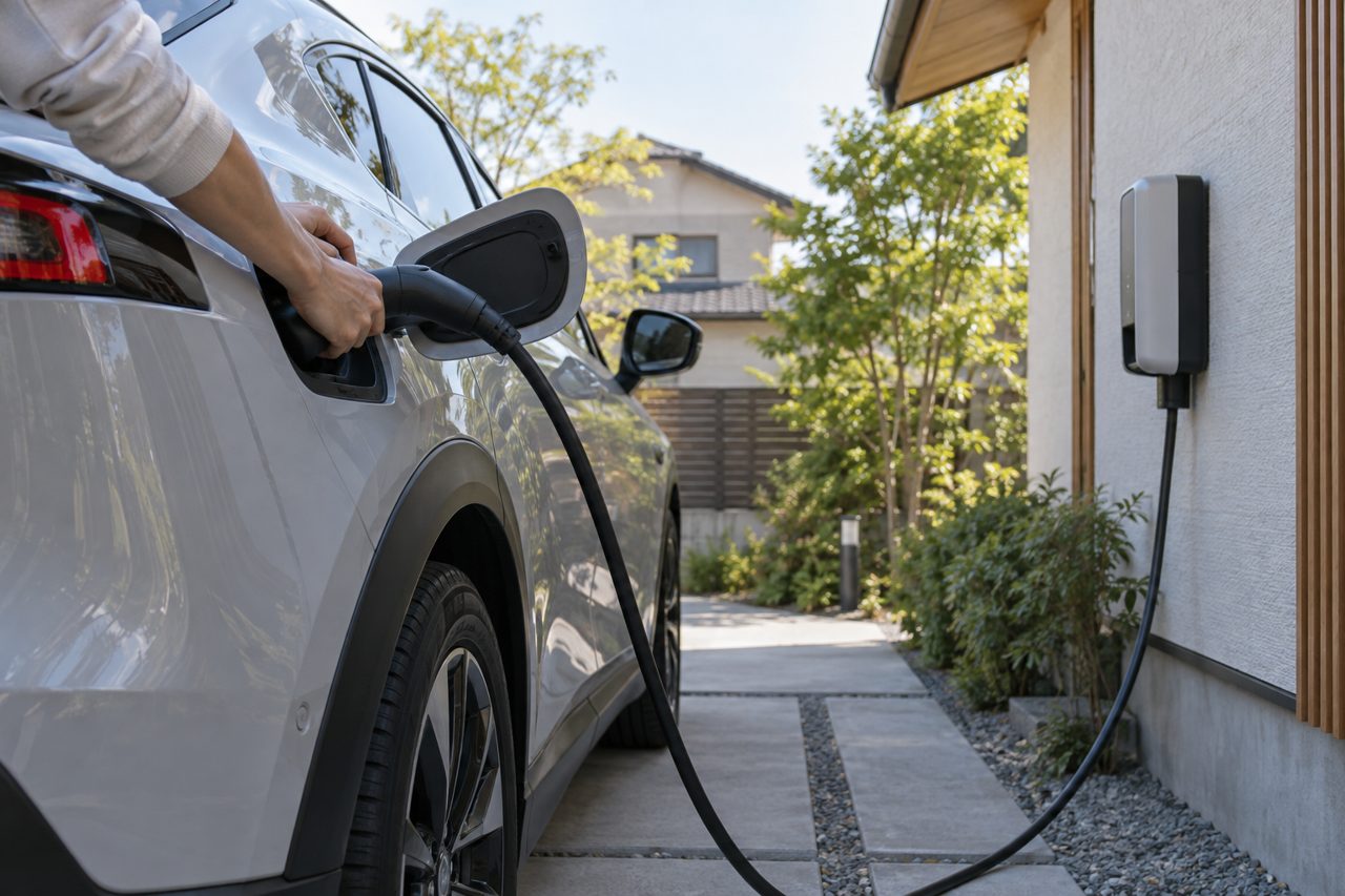 戸建ての駐車場で電気自動車を充電する様子