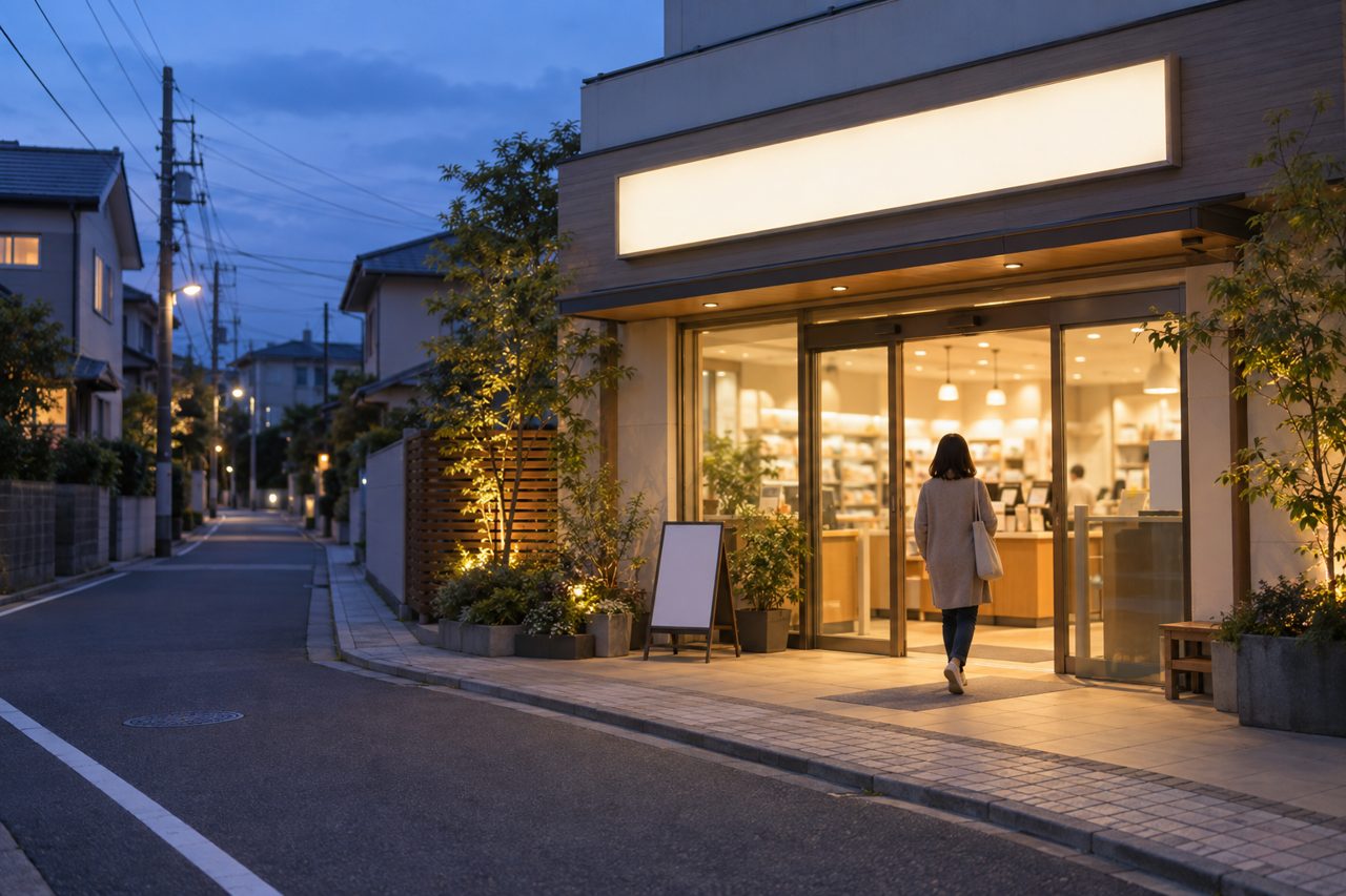 夕方の街角にある小売店へ向かう買い物客