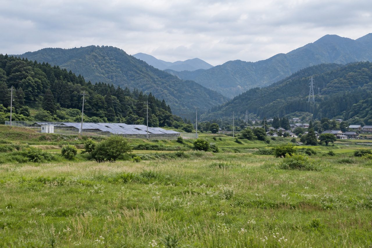 山あいに広がる太陽光発電設備と送電線