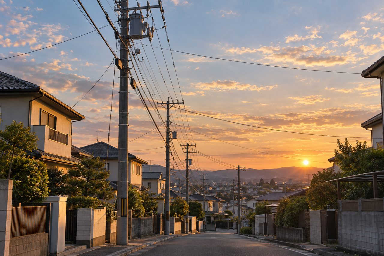 住宅街を通る配電線と夕暮れ前の穏やかな空
