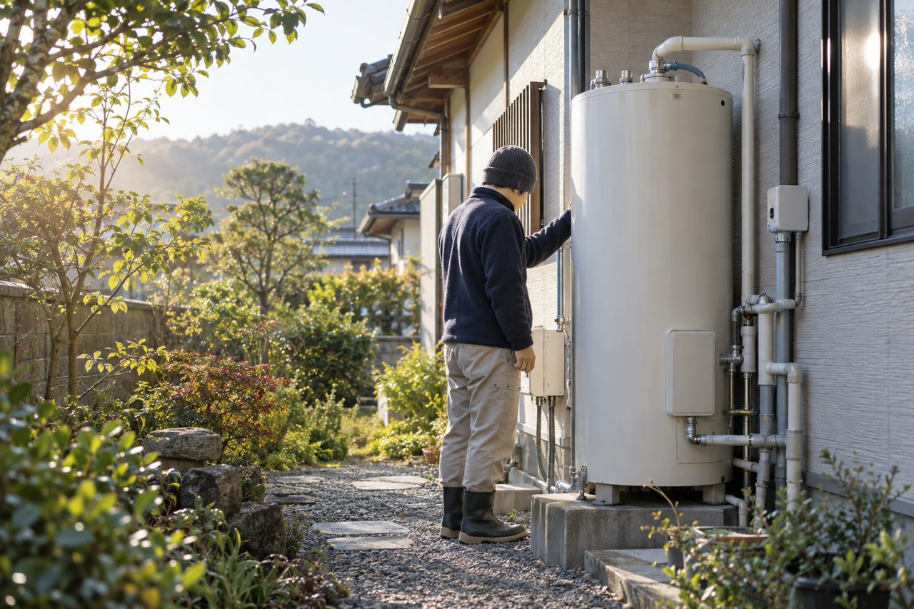 住宅脇に設置された給湯設備を確認する住人