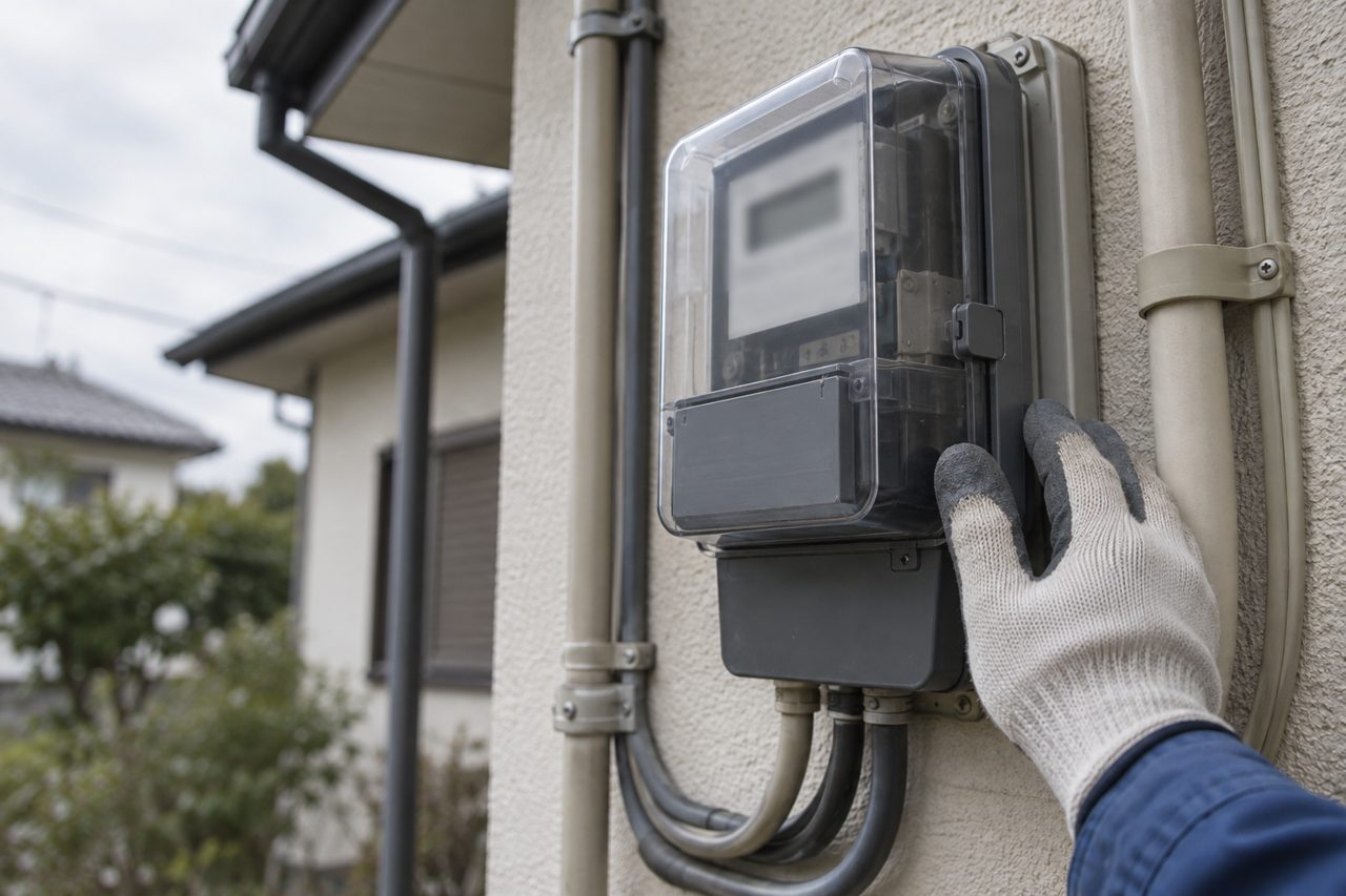 住宅外壁の電力量計を確認する作業員の手元