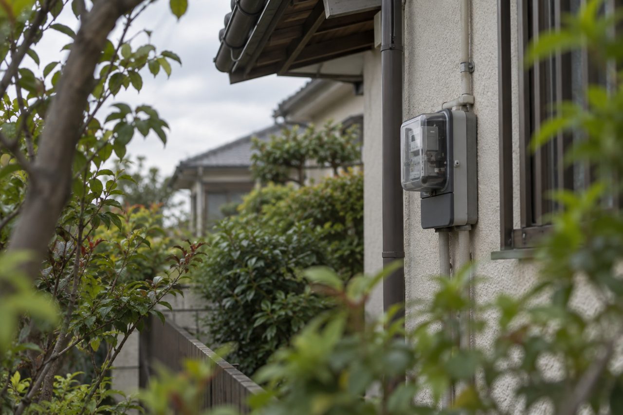 住宅外壁に設置された電力量計の静かな接写