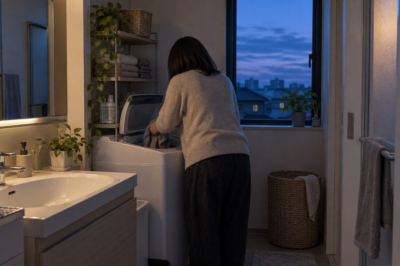 夜の住宅で洗濯機を静かに使う後ろ姿