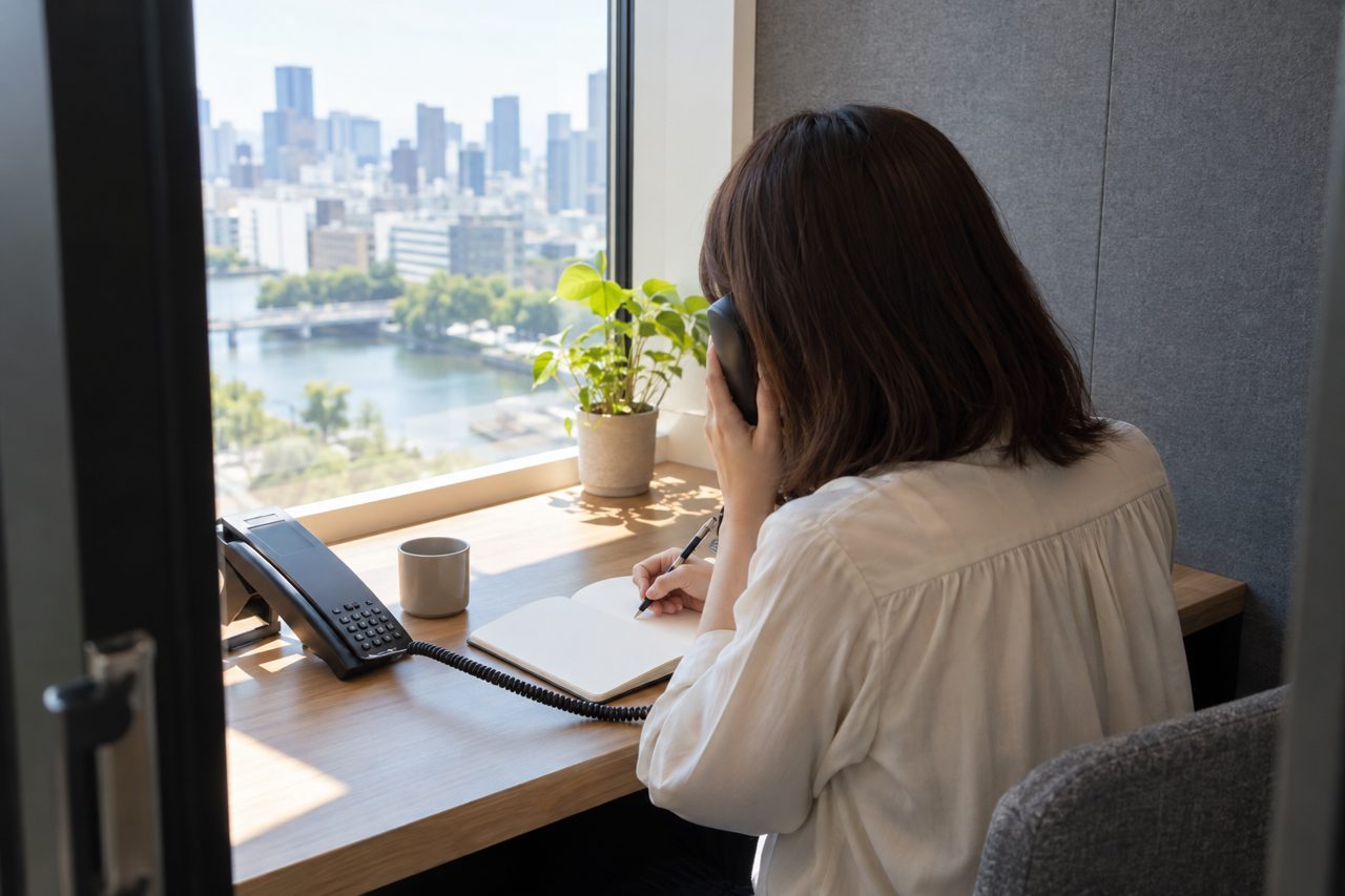静かな電話ブースで問い合わせ内容を控える人