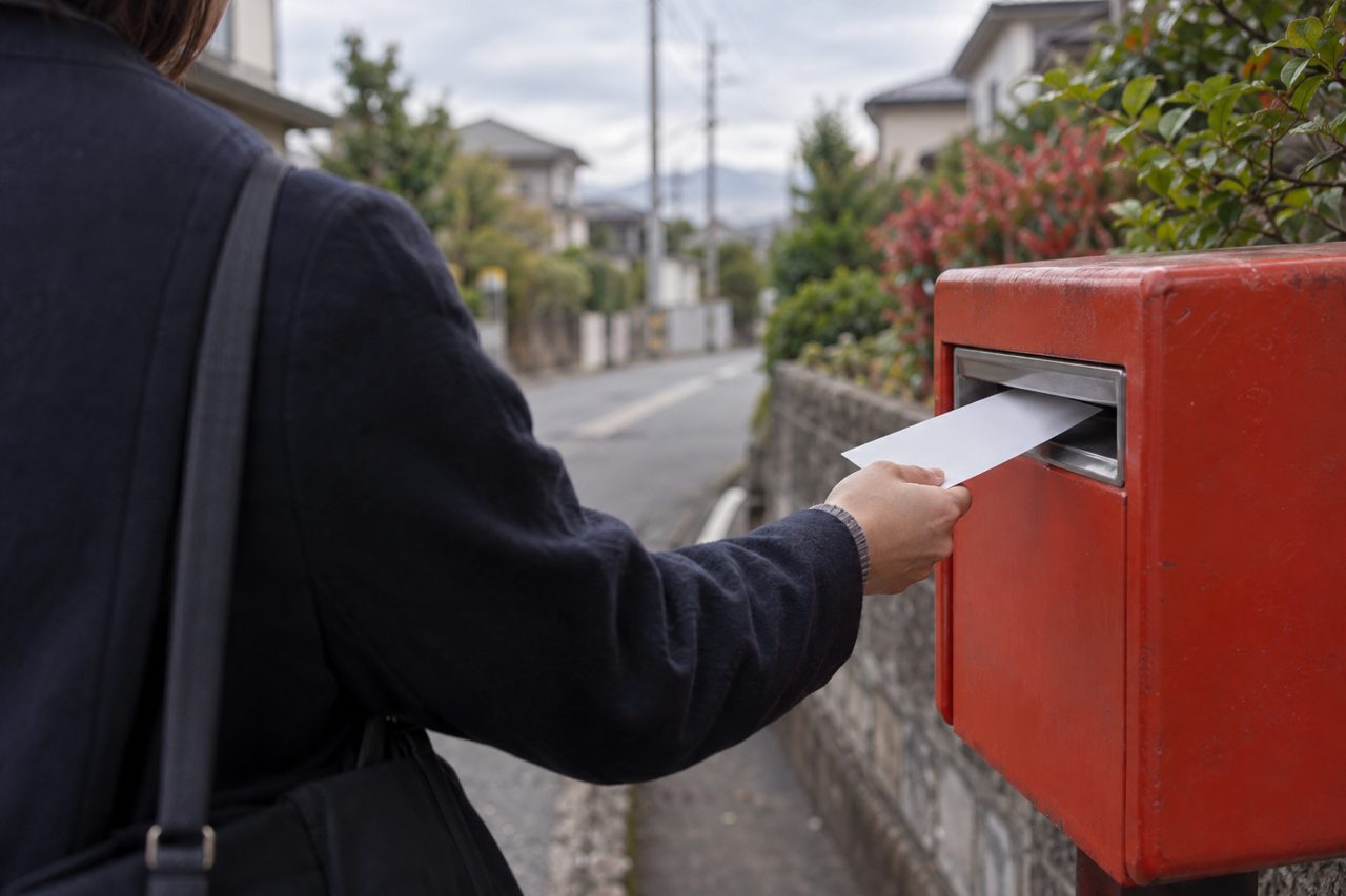 街角の郵便ポストへ手続き書類を投函する人