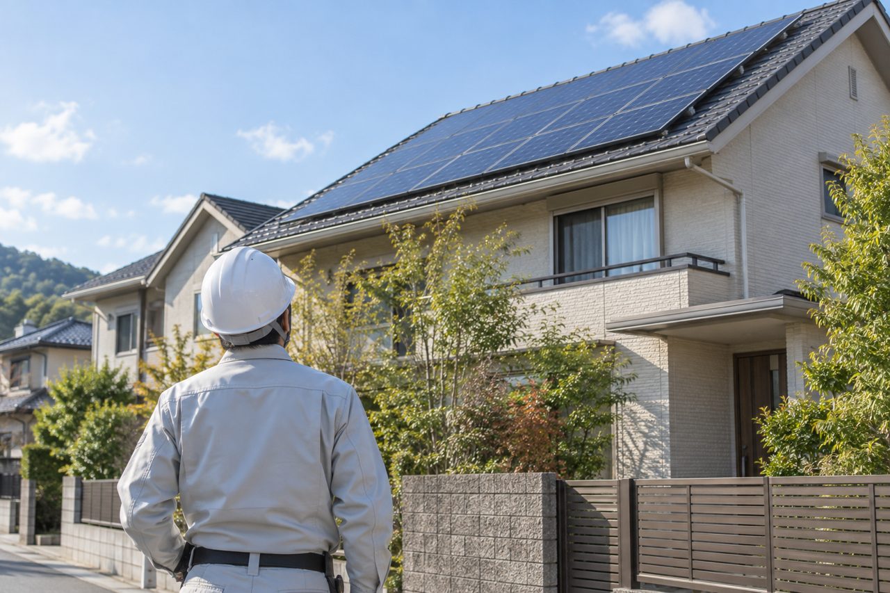 住宅の屋根を安全に点検する作業員の後ろ姿