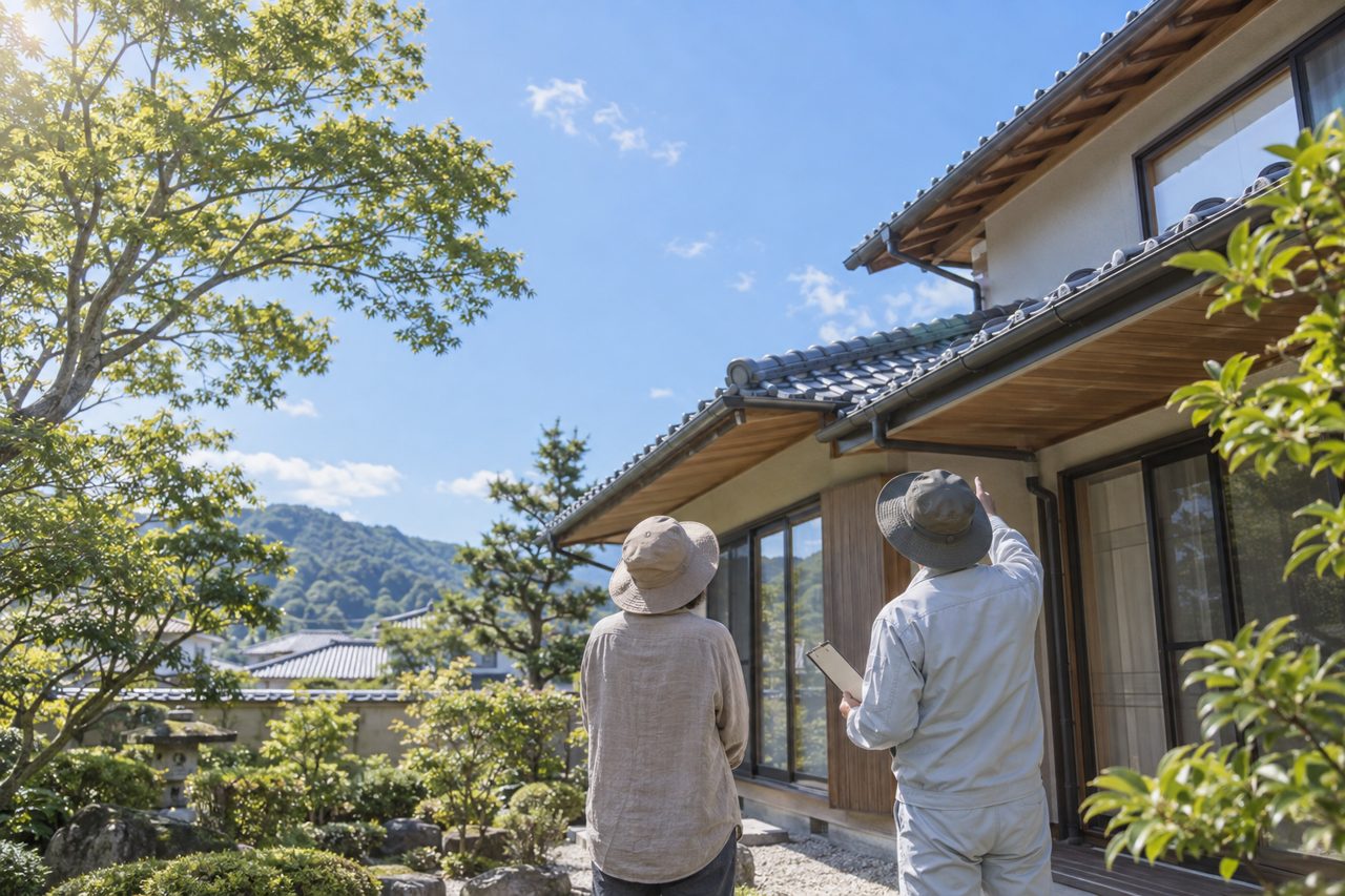 庭先から屋根の日当たりを確認する二人の後ろ姿