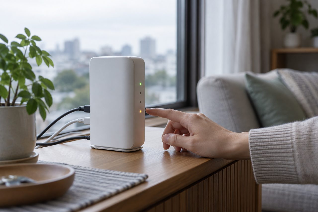 窓辺で通信機器の接続状態を確かめる手元