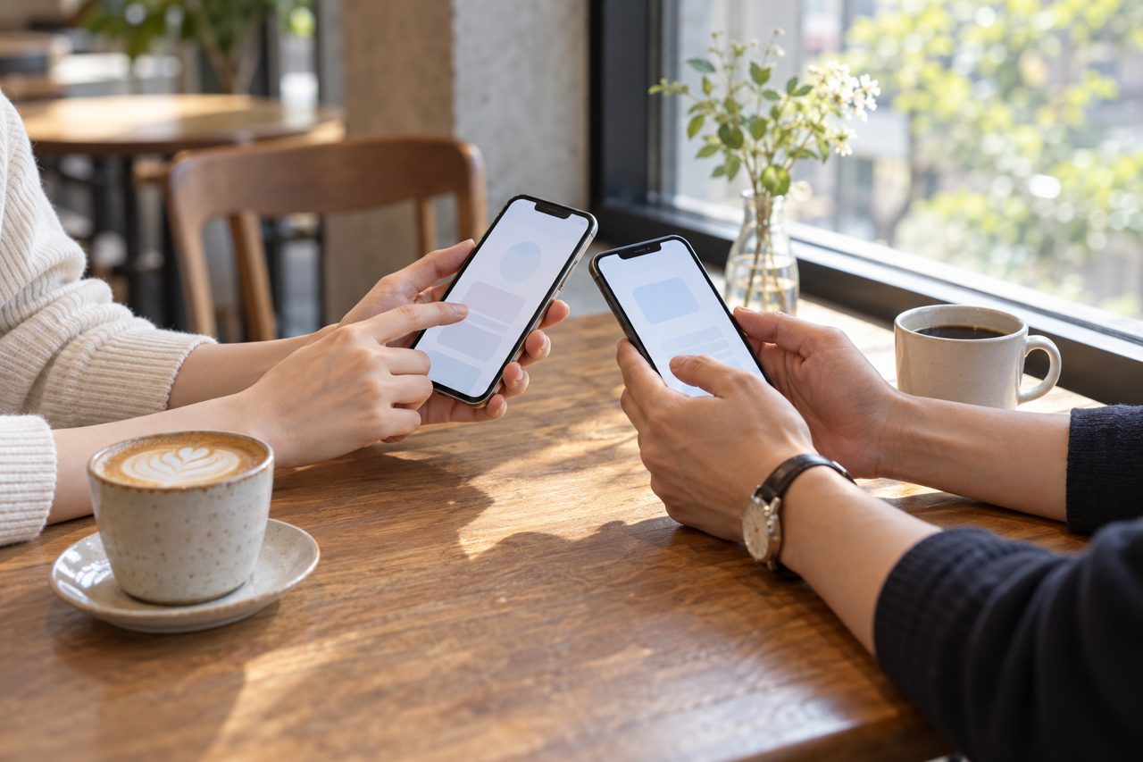 二人でスマートフォンの申込画面を確かめる手元