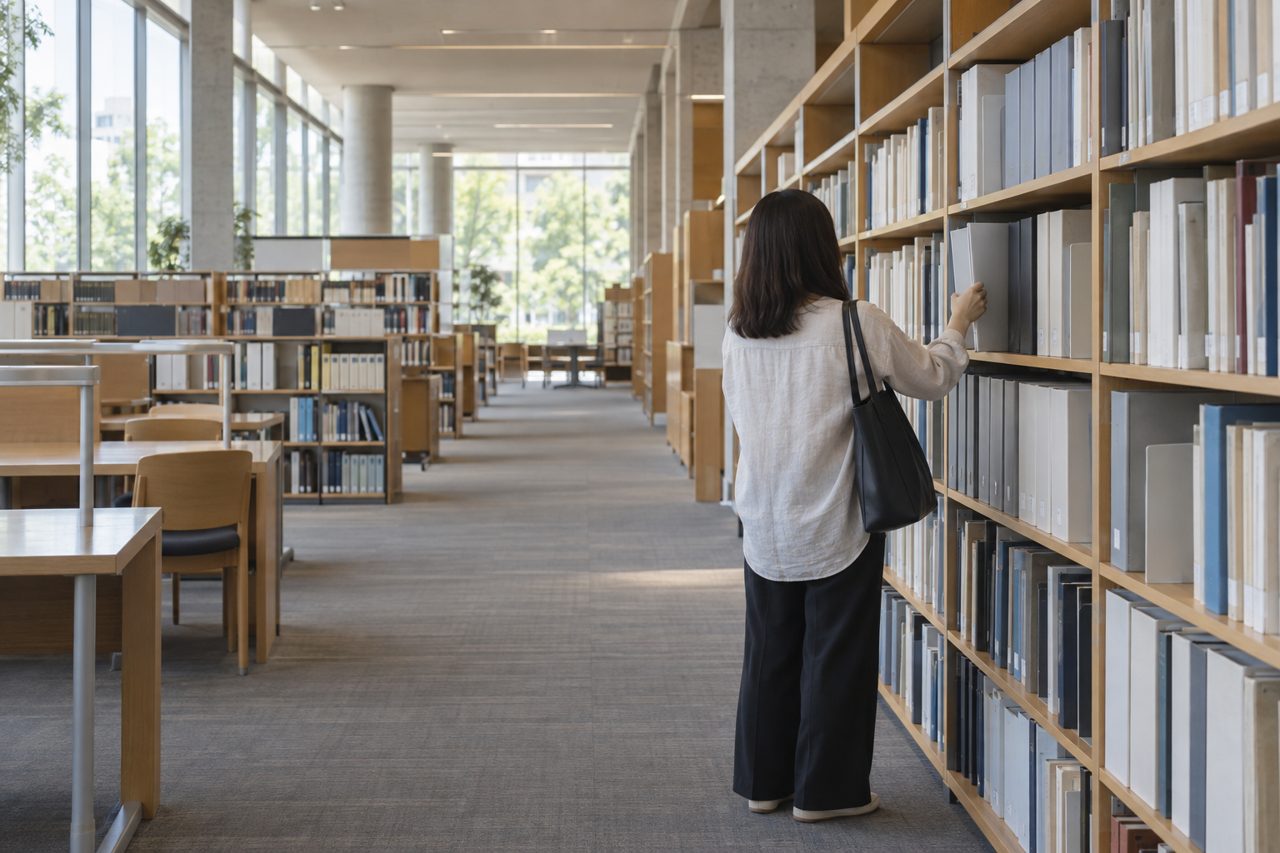 図書館の資料棚で公的情報を確かめる人の後ろ姿