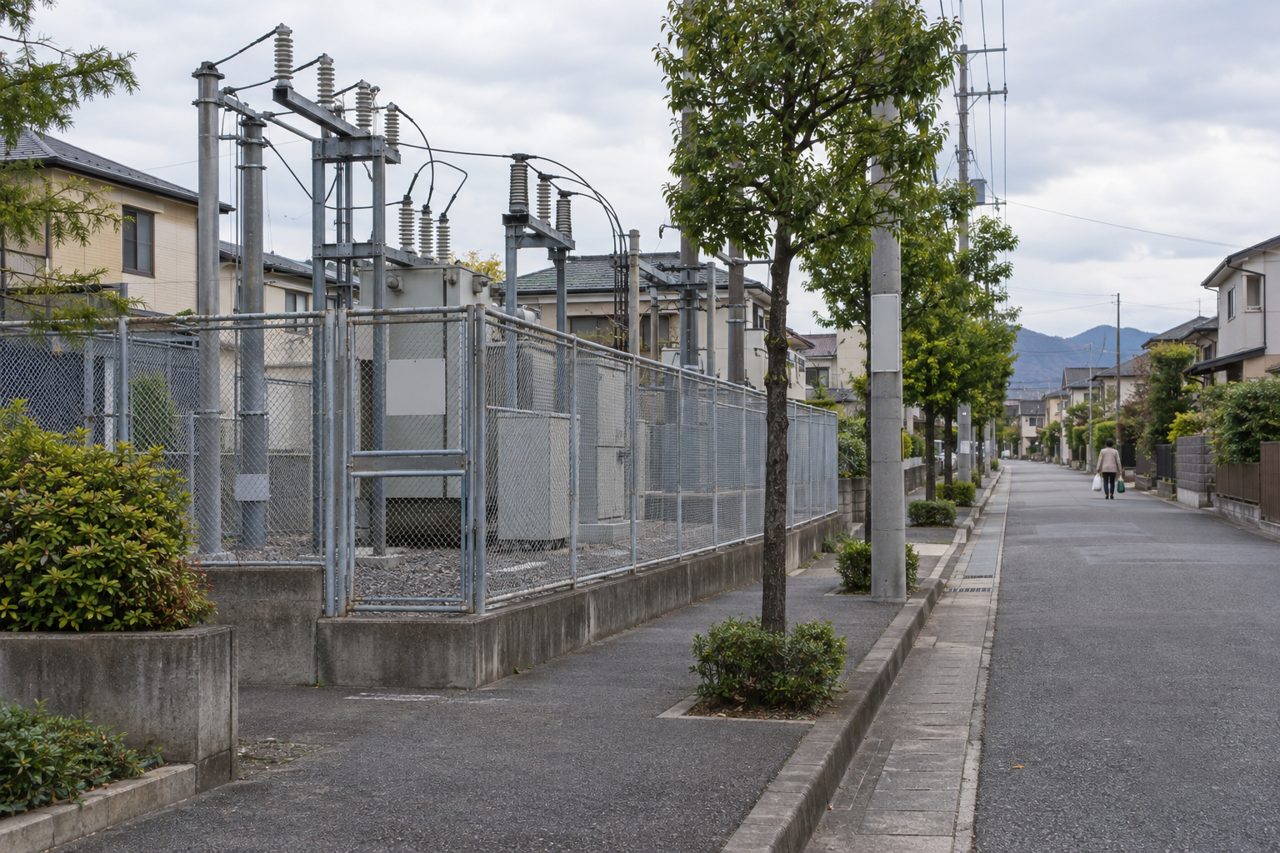 住宅地の小規模変電設備と通り過ぎる住民