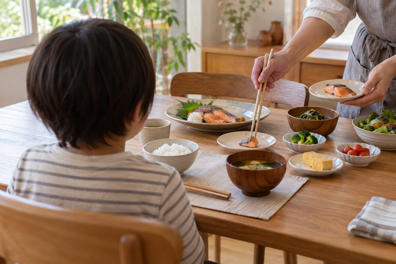 子どもの食卓で献立の安全性を確かめる親の手元