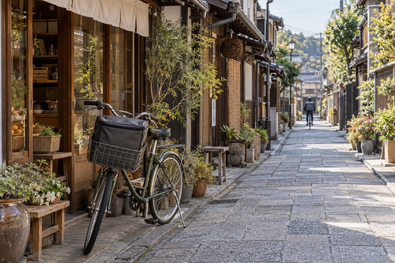 商店街の自転車に固定された無地の保冷バッグ