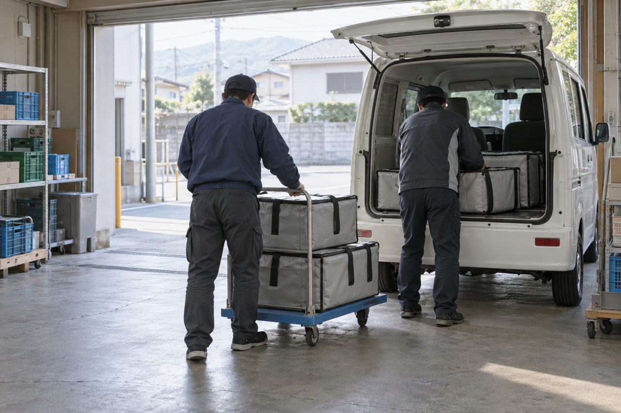 小さな配送拠点で保冷バッグを車へ積み込む作業員