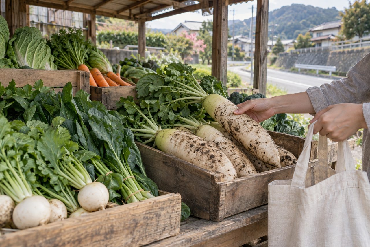 町の野菜直売所で土付き野菜を選ぶ買い物客の手元
