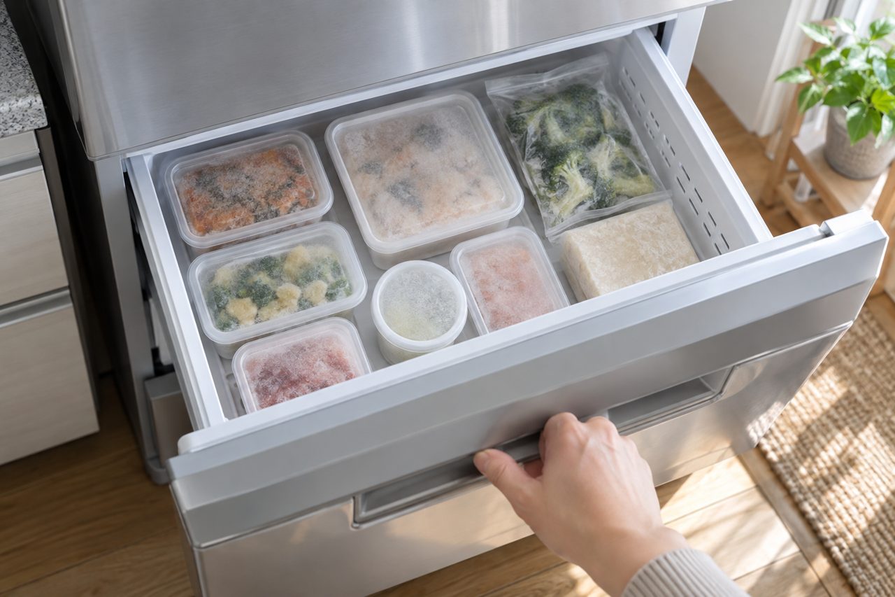 引き出し式冷凍庫に整然と収まる冷凍弁当