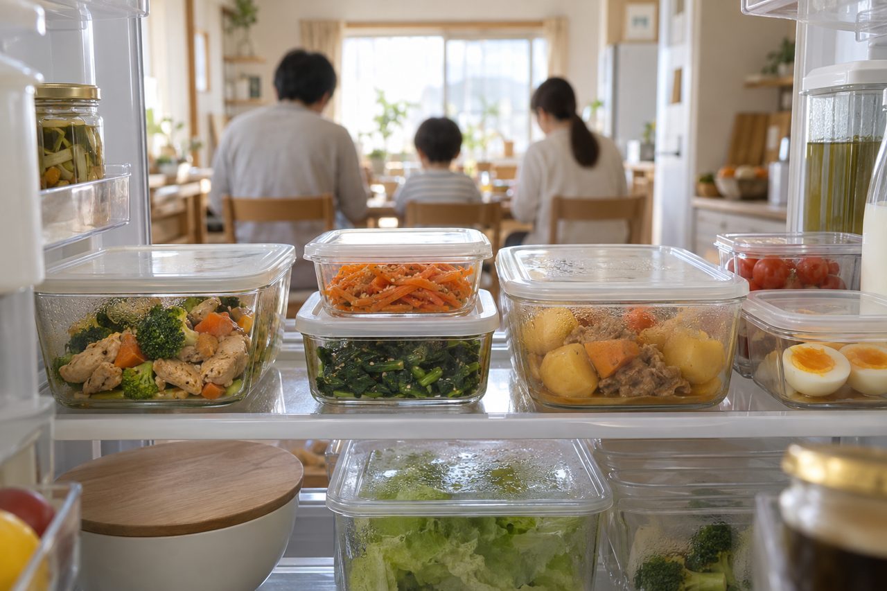 冷蔵庫に並ぶ作り置き容器と食卓を囲む家族