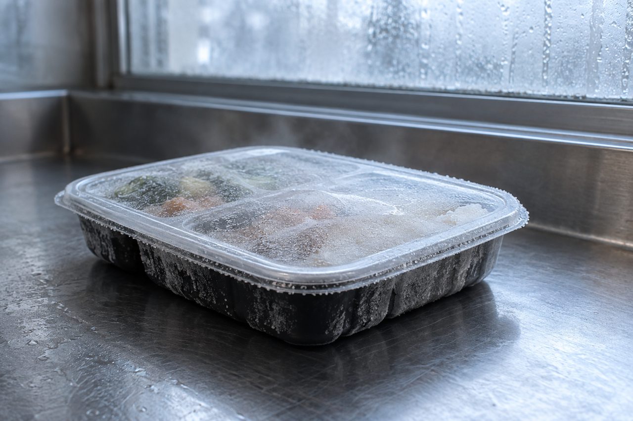 霜のついた無地の冷凍弁当容器と冷気の細部