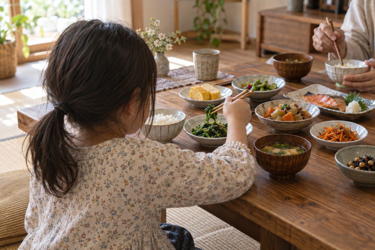 子どもが彩りの違うおかずを自分で選ぶ食卓の様子