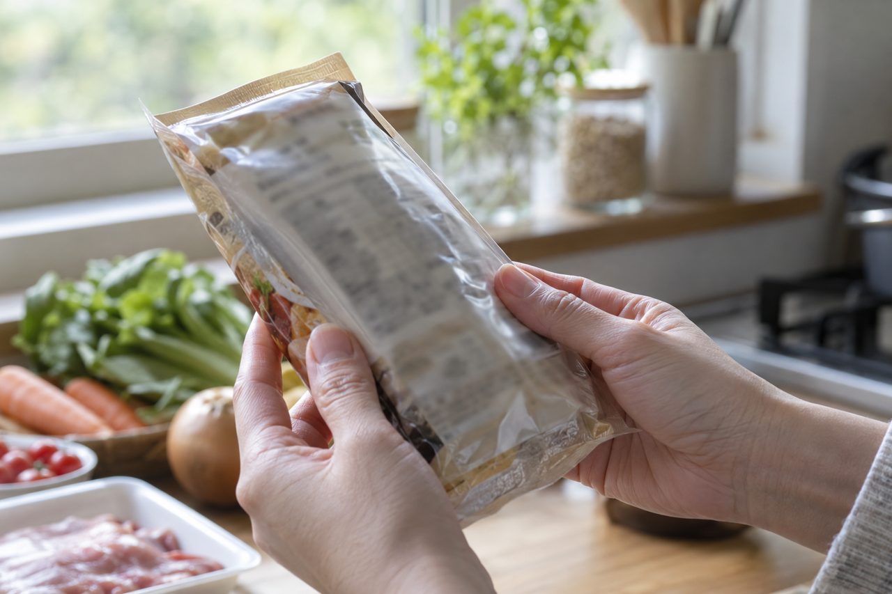 食品包装の細かな表示を光にかざして確認する手元