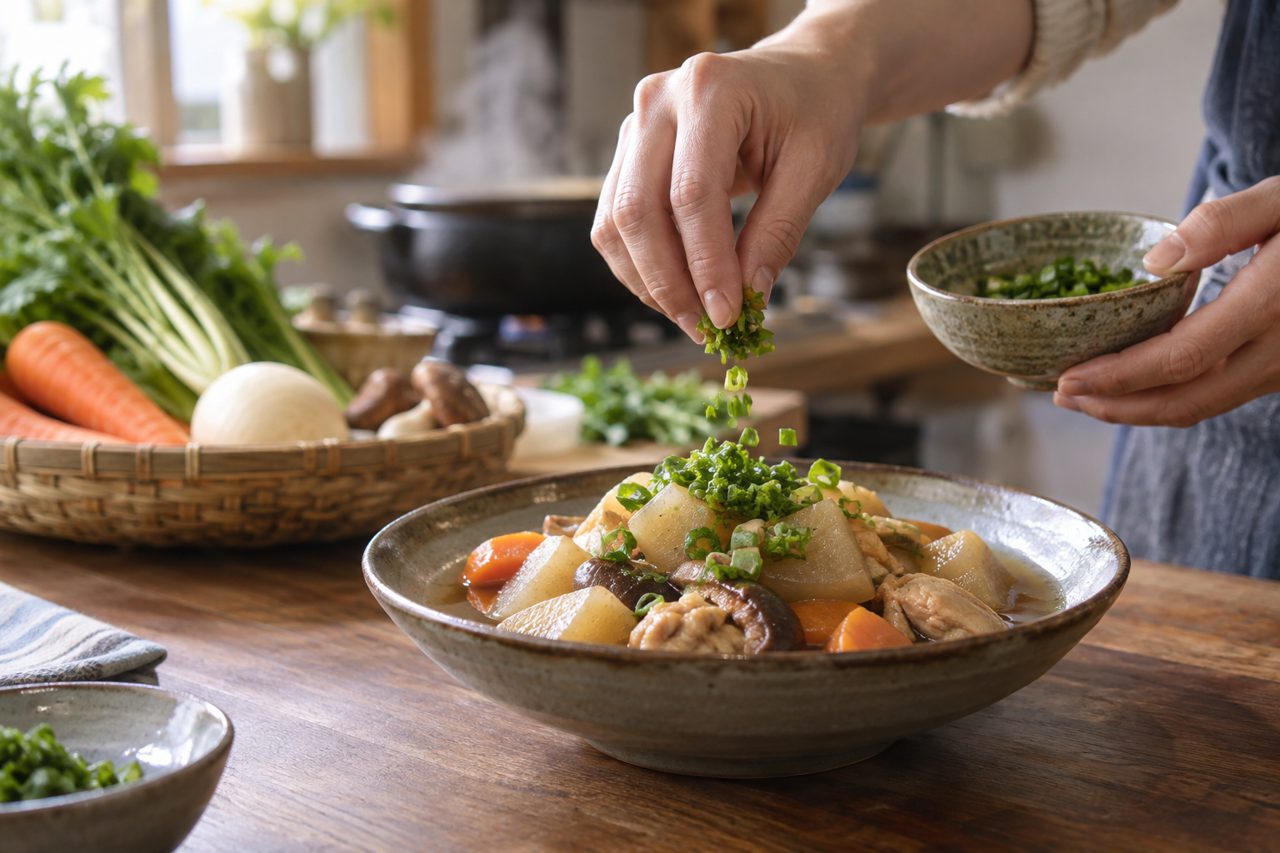 薄味の煮物に薬味を添えて仕上げる台所の手元