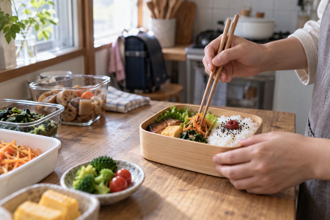 朝の窓辺で作り置きのおかずを弁当に詰める手元