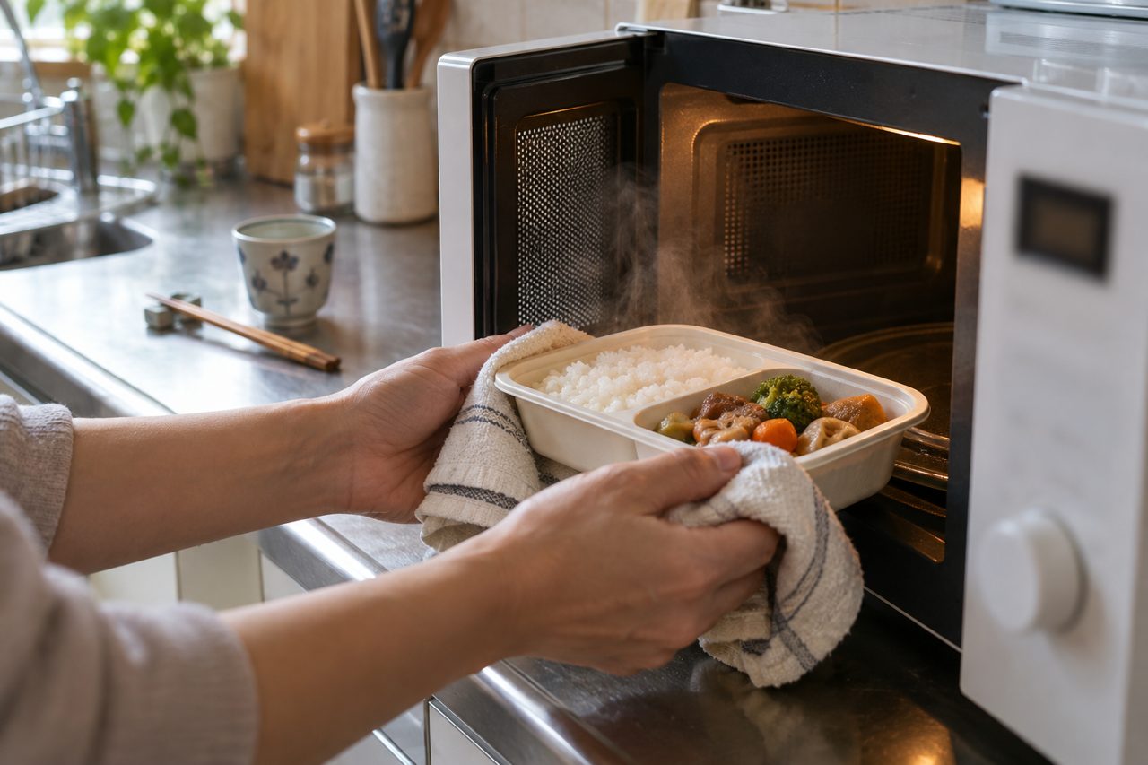電子レンジから温めた冷凍弁当を取り出す手元