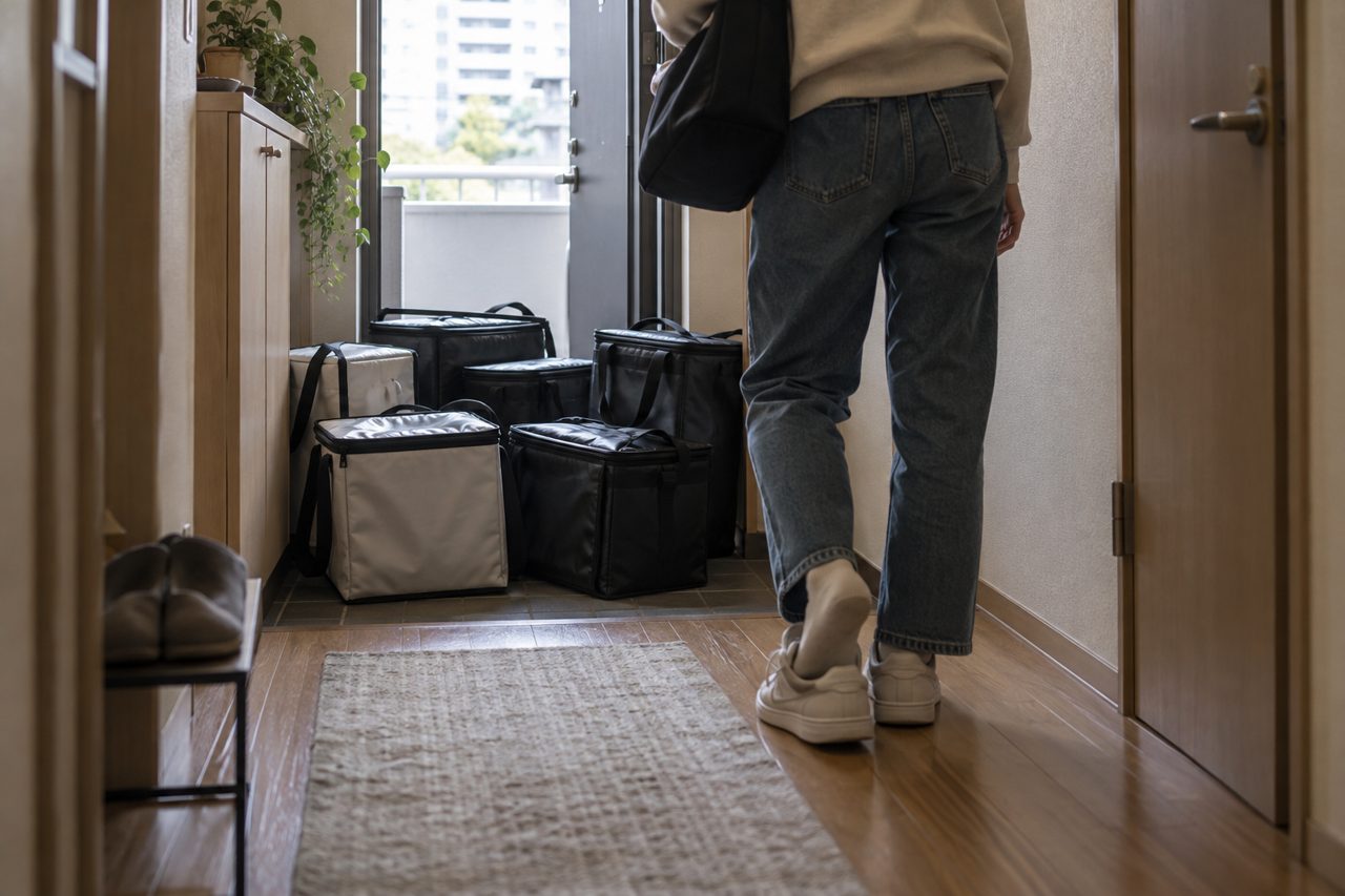 玄関にたまった無地の保冷バッグに戸惑う住人の後ろ姿