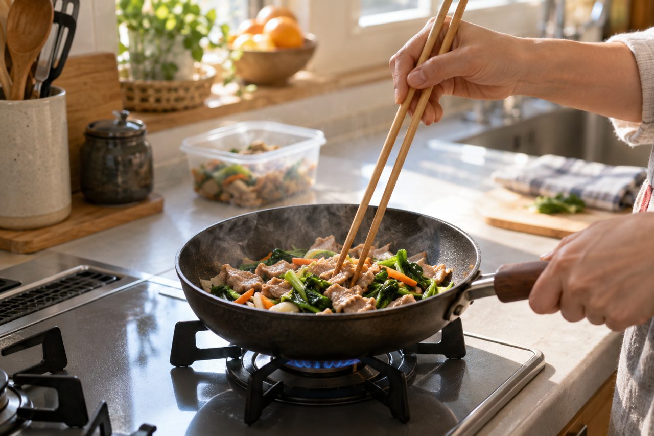 冷蔵のおかずをフライパンで温め直す調理中の手元