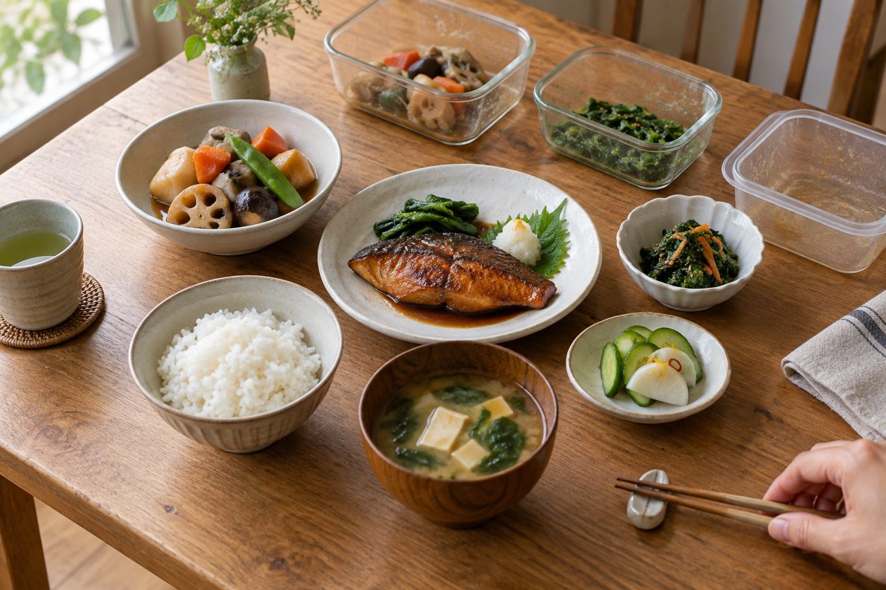 白い器へ美しく盛り付けた宅配のおかずの食卓