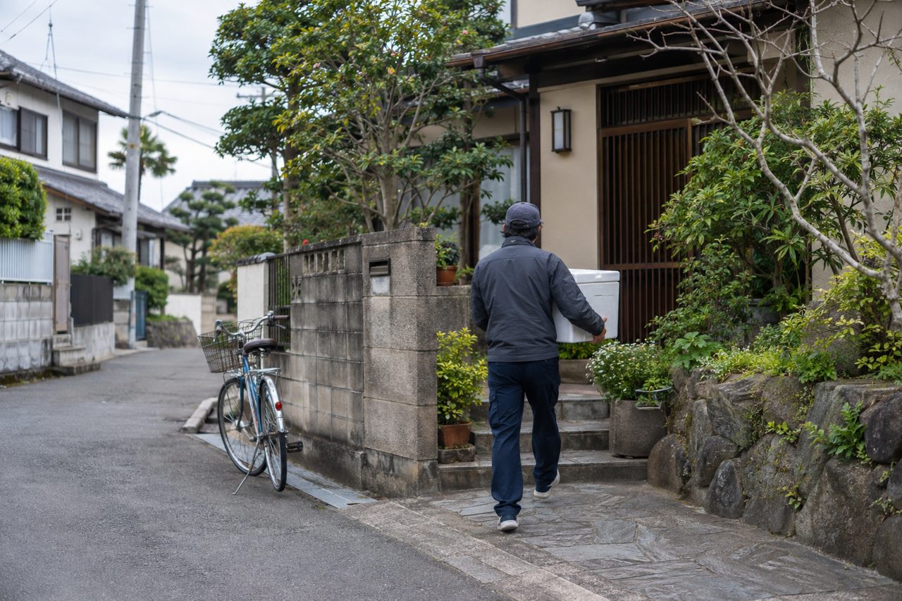 郊外の一戸建て玄関へ保冷箱を運ぶ配達員